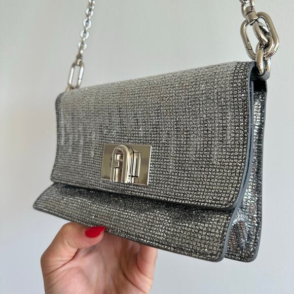 FURLA 1927 Glitter Embellished Chain Strap Mini Crossbody Bag Silver - Picture 5 of 10